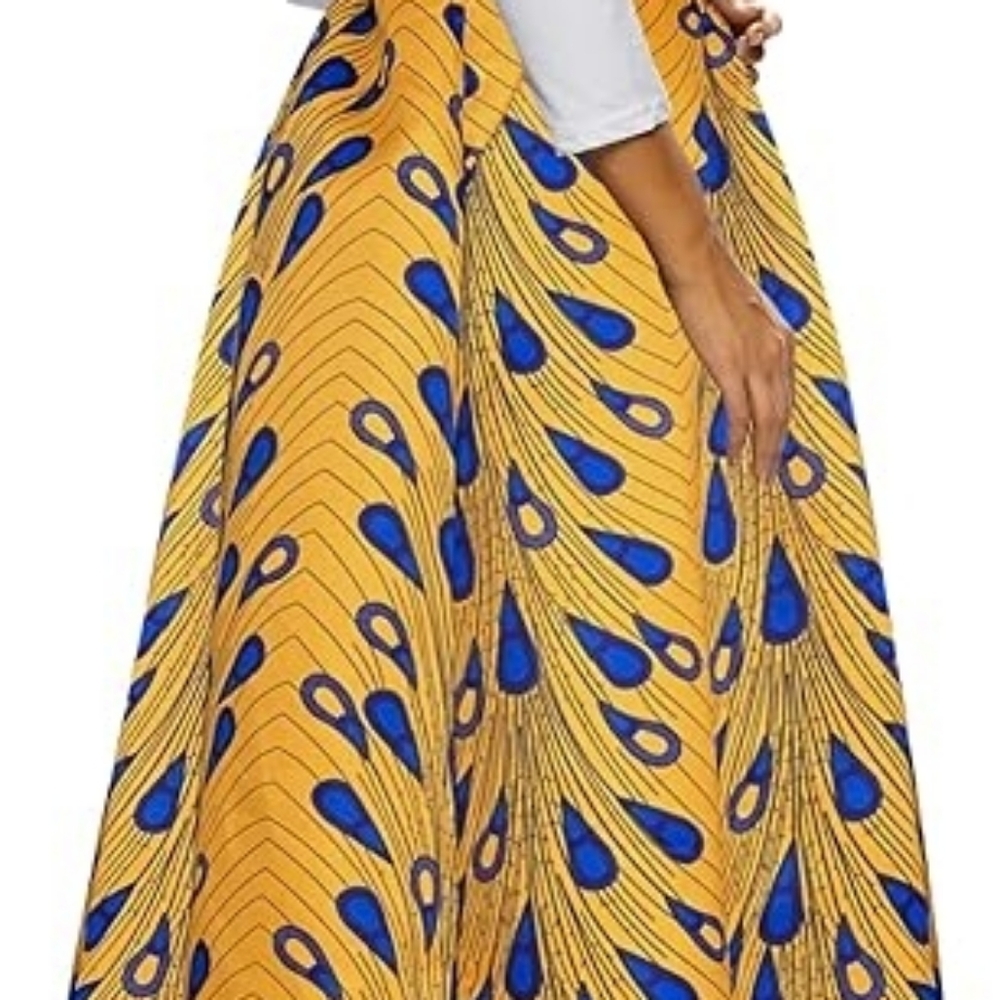 Afibi African Elegant Gold and Blue Maxi Patterned Skirt